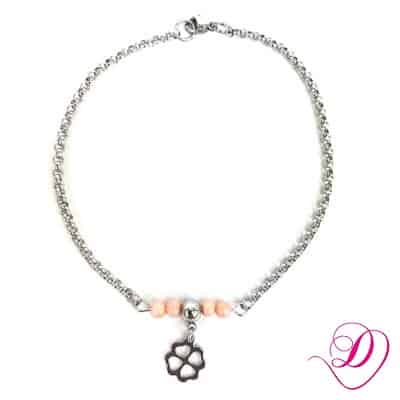 Stainless steel enkelbandje met Jade kralen en klavertje vier zilver