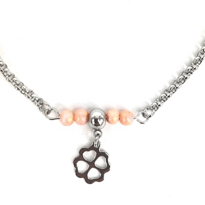 Stainless steel enkelbandje met Jade kralen en klavertje vier zilver