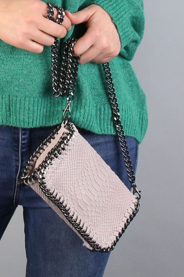 Luxe lederen schoudertas snakeprint vintage roze