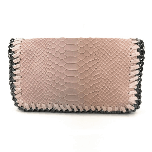 Luxe lederen schoudertas snakeprint vintage roze