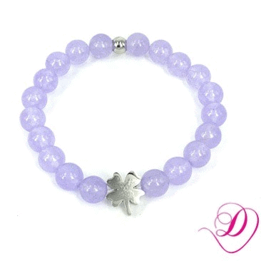 Jade kralenarmband paars met klavertje 4 zilverkleur