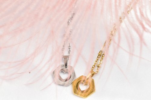 Ketting hexagon hartje goud en zilver