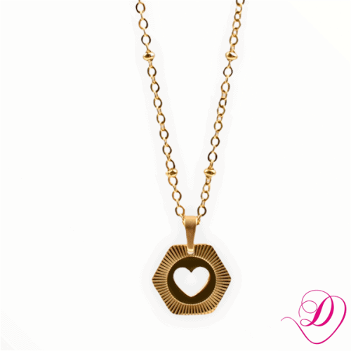 Ketting hexagon hartje goud