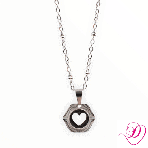 Ketting hexagon hartje zilver