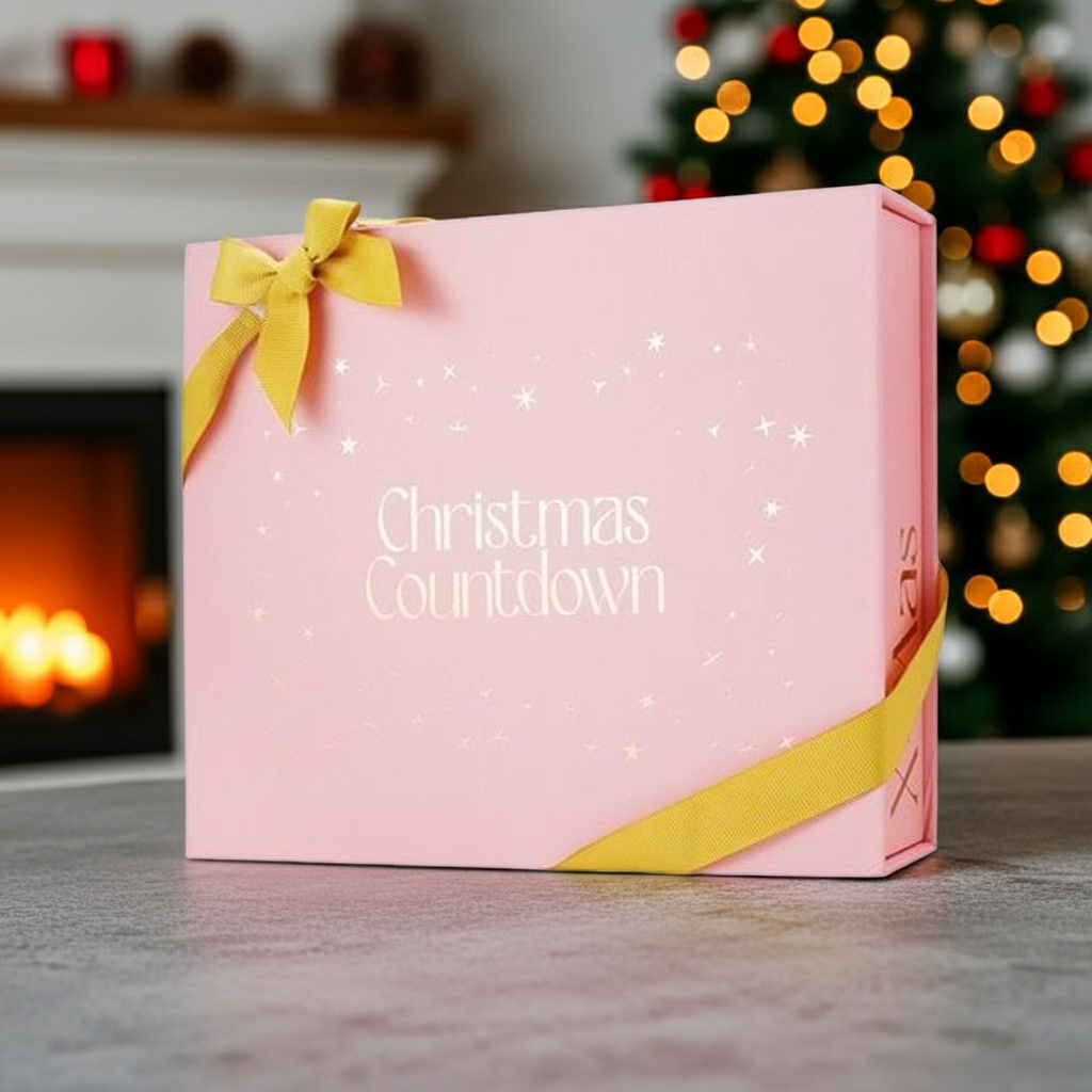 Adventskalender in een roze doos met de tekst Christmas countdown en sterretjes